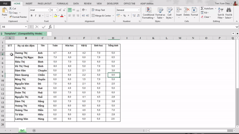 đánh số cột tự động trong Excel