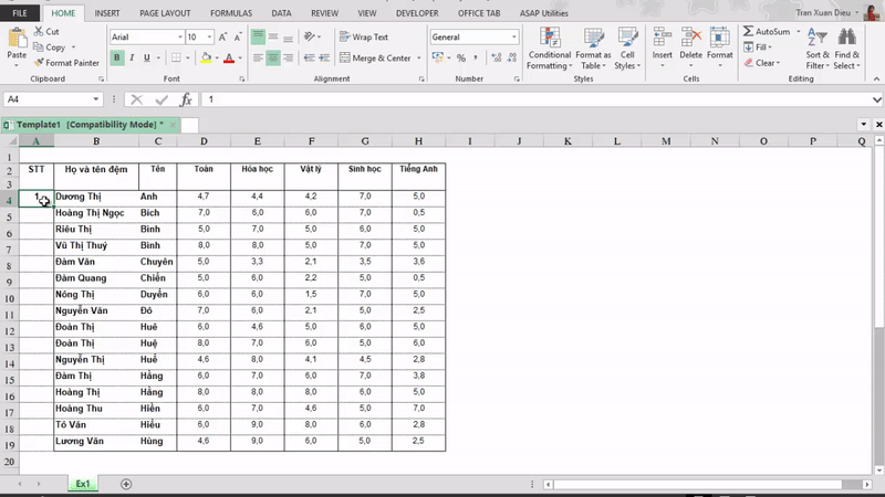 đánh số cột tự động trong Excel