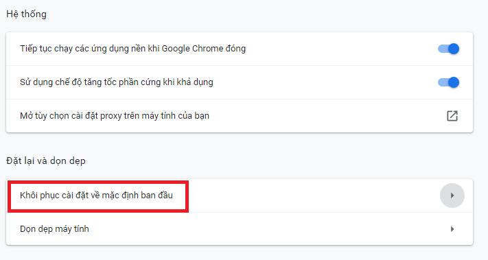 Reset trình duyệt Google Chrome