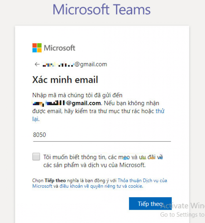 mã xác minh tài khoản Microsoft teams