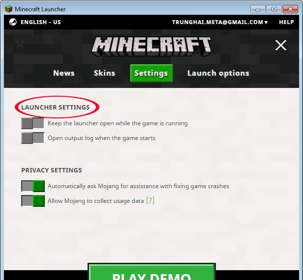 Mở Launcher settings game minecraft