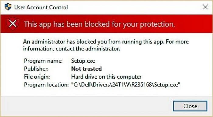 Thông báo lỗi "This app has been blocked for your protection".
