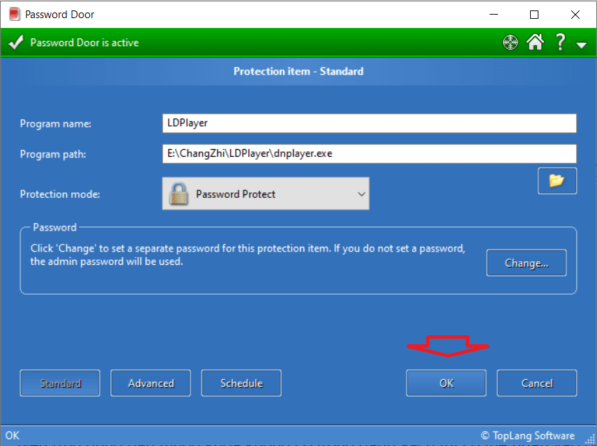 cửa sổ quản lý ứng dụng có thể thiết lập mật khẩu