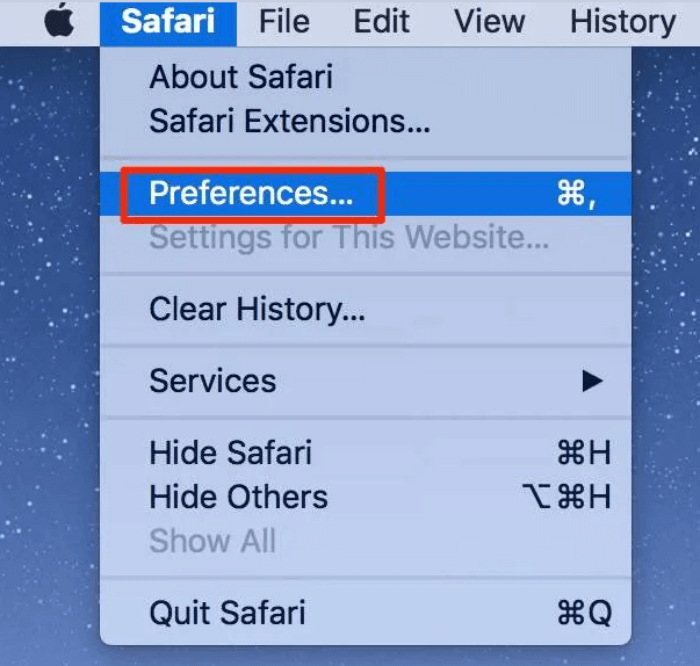 menu Safari và chọn Preferences