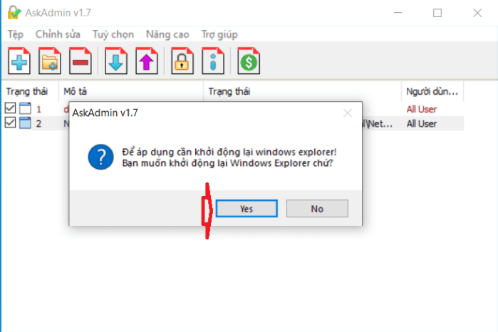 lời nhắc yêu cầu khởi động lại Windows Explorer