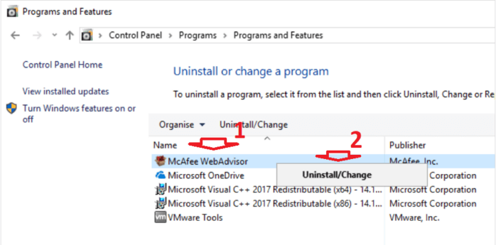 gỡ bỏ ứng dụng McAfee Web Advisor