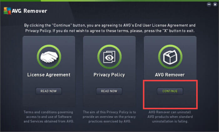 Nhấp vào nút Continue trong phần AVG Remover 