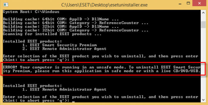 chạy trình gỡ cài đặt ESET khi ở chế độ an toàn