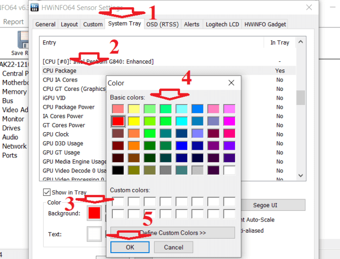 bạn tìm CPU Packag hoặc GPU Temperature. Sau đó đặt màu cho nó ở phần Color Bachground.