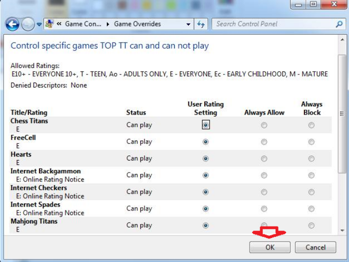 danh sách các trò chơi được cài đặt trên máy tính và cho phép hoặc chặn.
