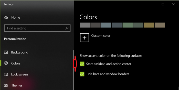 Áp dụng màu sắc trên thanh taskbar, menu start