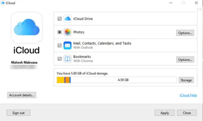 bật và tắt các dịch vụ iCloud trên Windows 