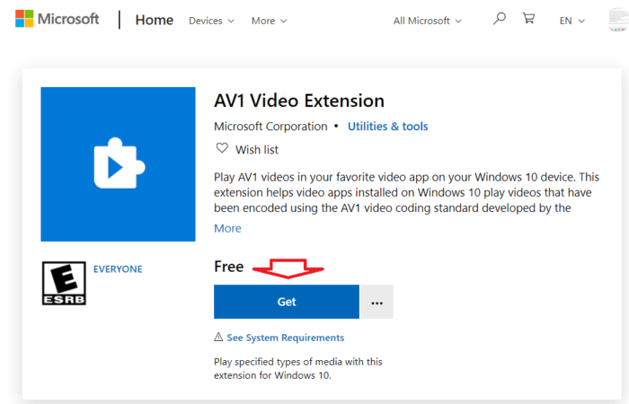 trang hỗ trợ AV1 codec của Microsoft