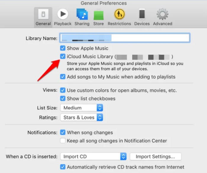 hông thấy tùy chọn bật iCloud Music Library.