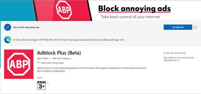 Adblock Plus là một tiện ích mở rộng chặn quảng cáo miễn phí 