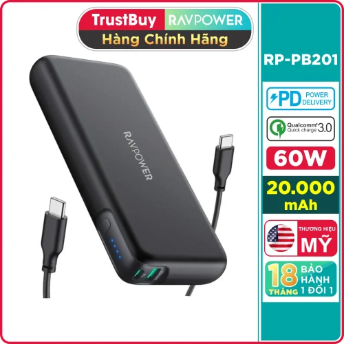 Pin Sạc Dự Phòng RAVPower 20000mAh Quick Charge 3.0 và Hổ trợ PD 60W